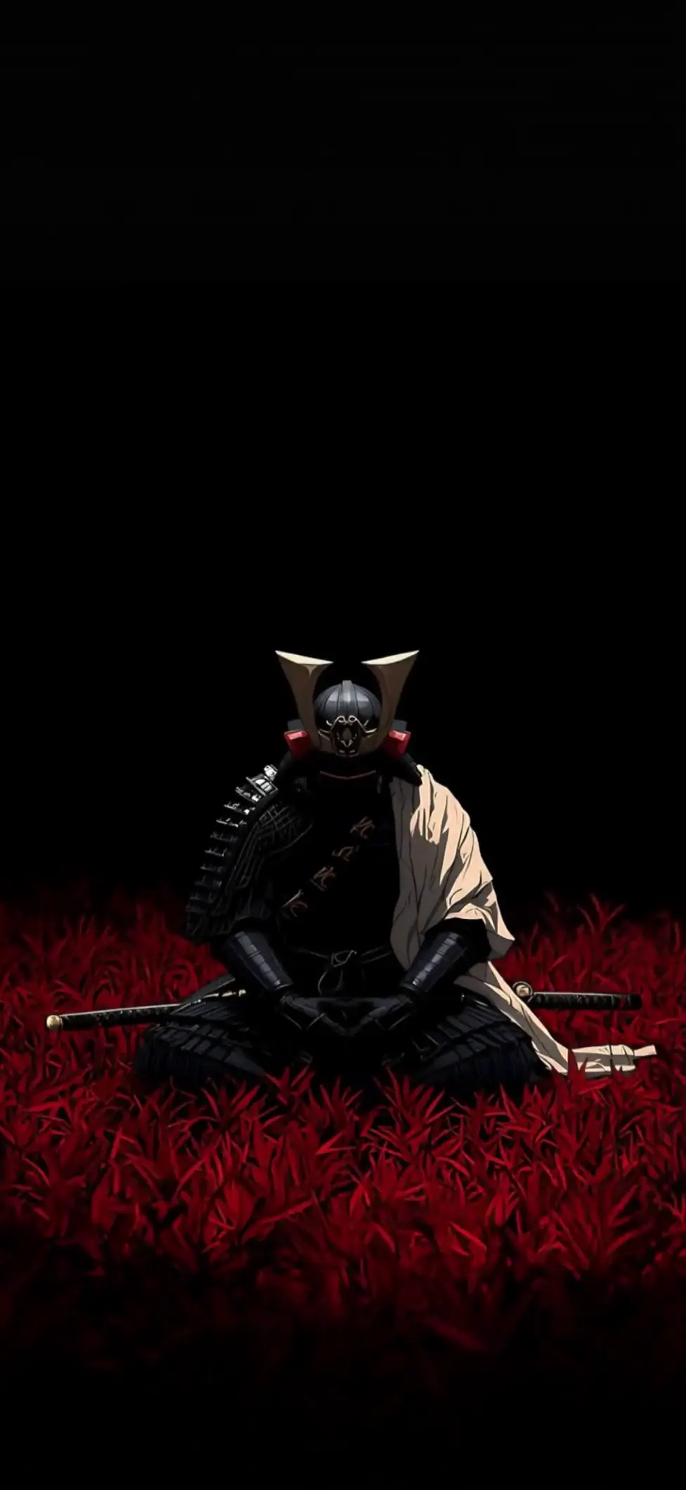 红色田野中冥想的动漫武士动态壁纸