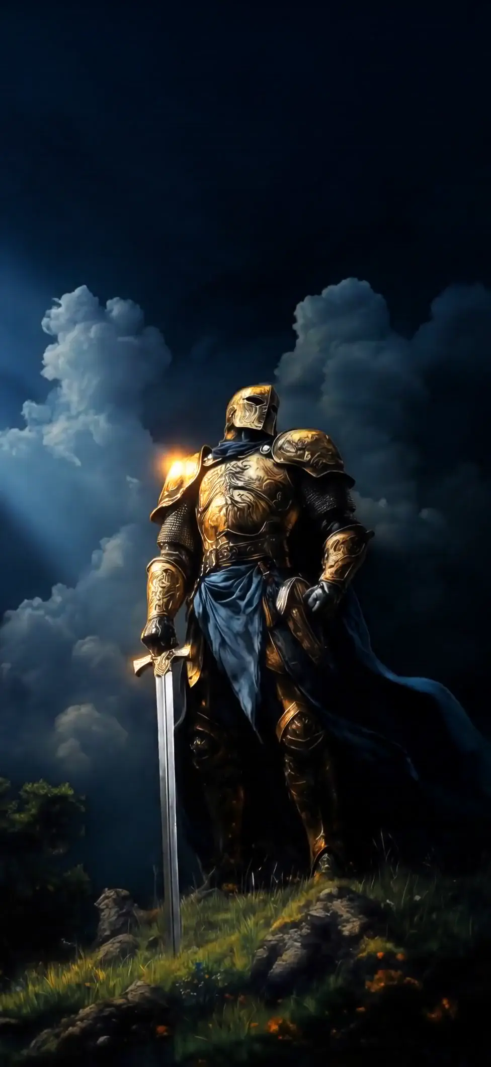 Epic Golden Knight in Medieval Armor Fantasy Wallpaper