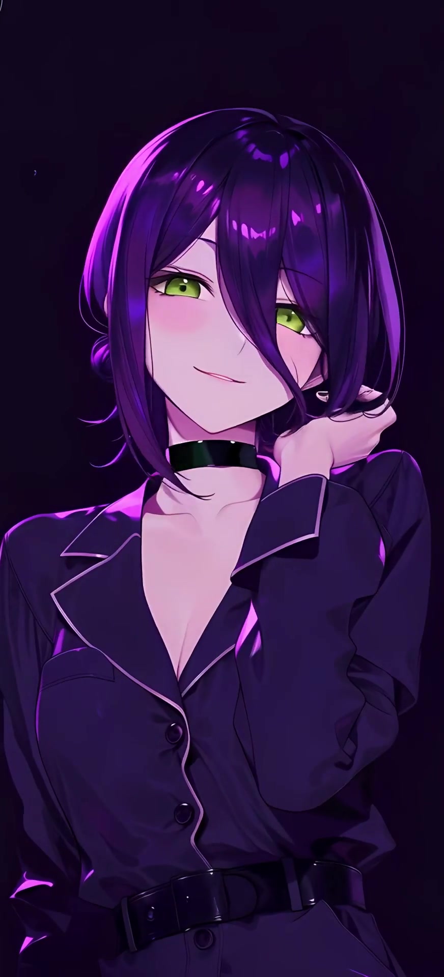 Purple Hair Anime Girl with Green Eyes