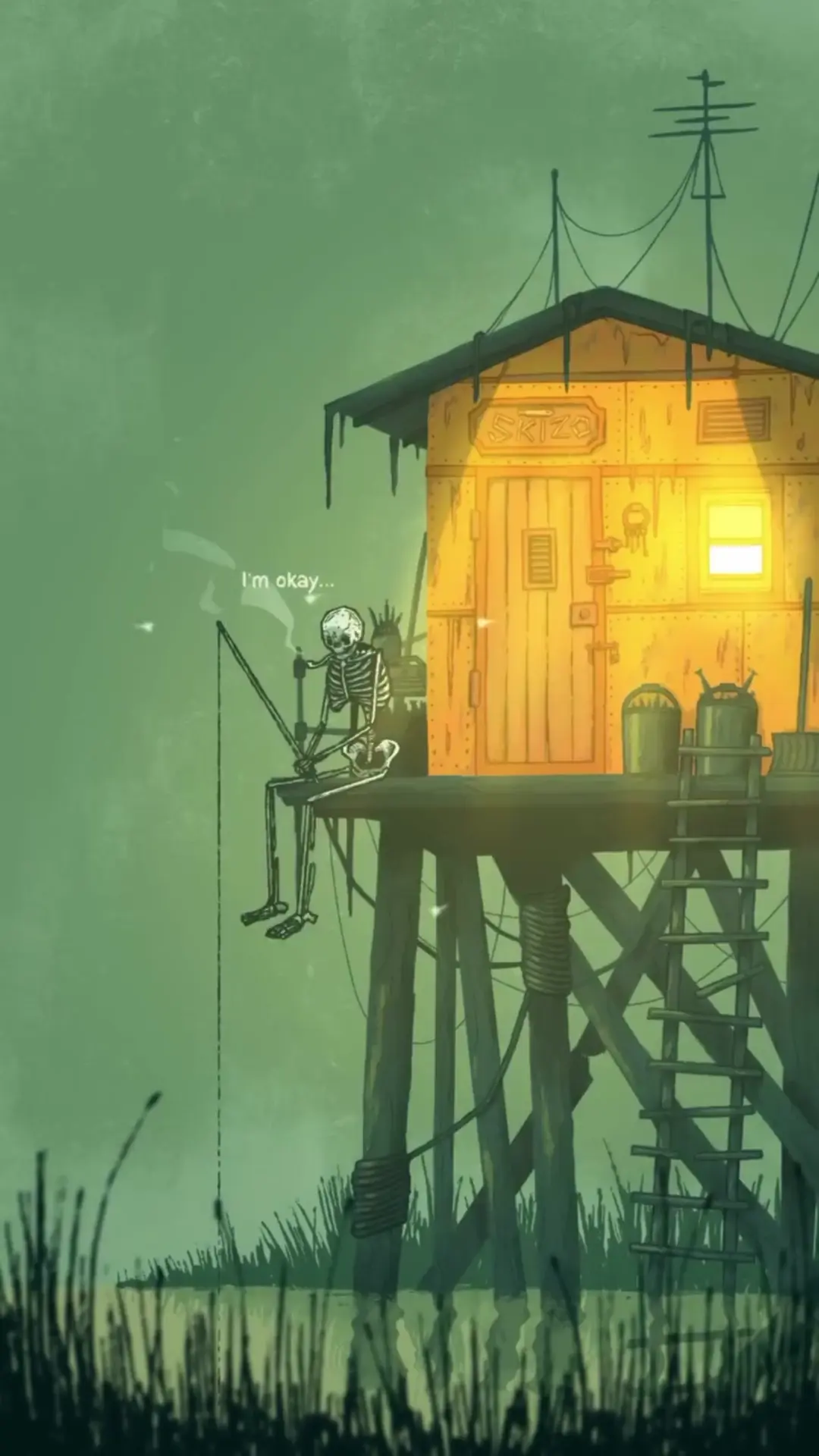 Eerie Skeleton Fishing Art Wallpaper in Moody Swamp