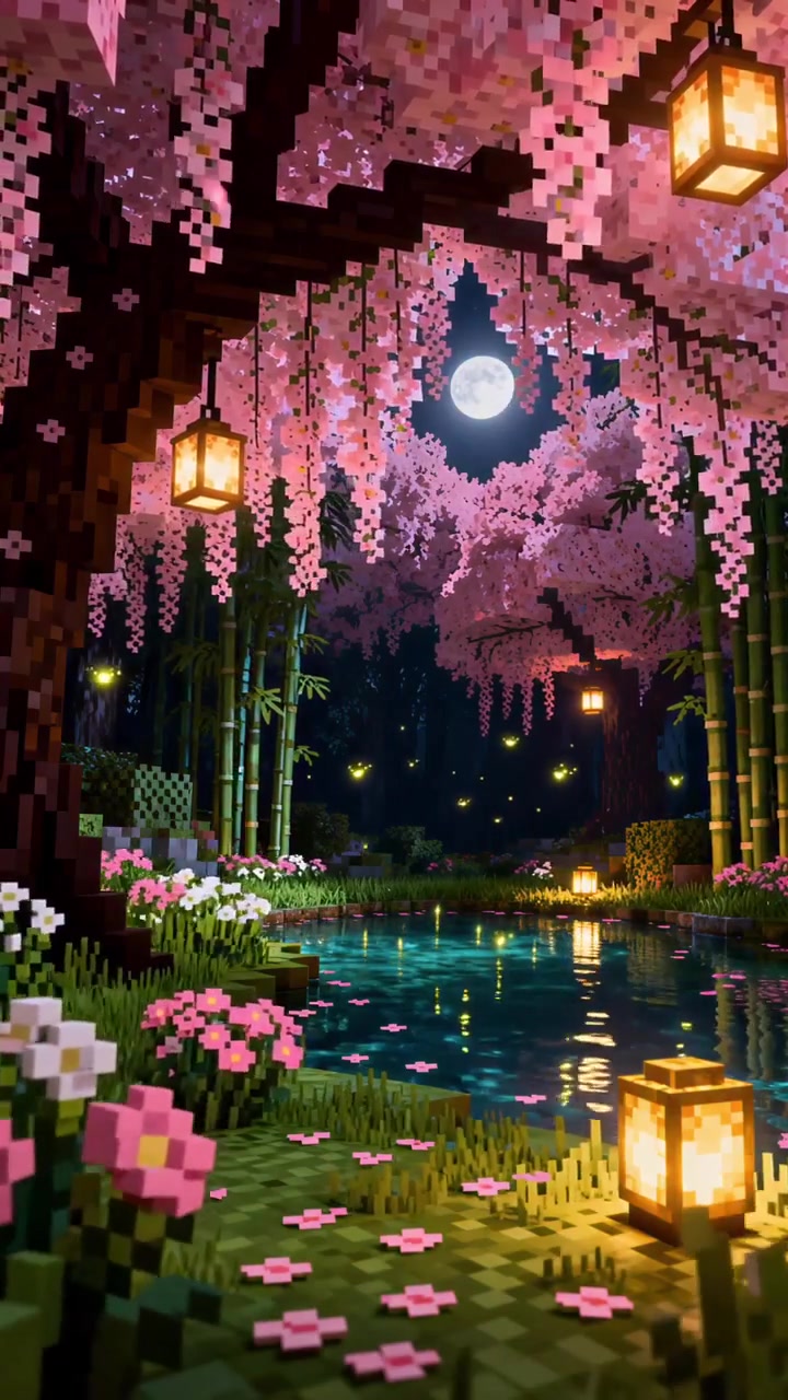 Pixelated Cherry Blossom Night Scene