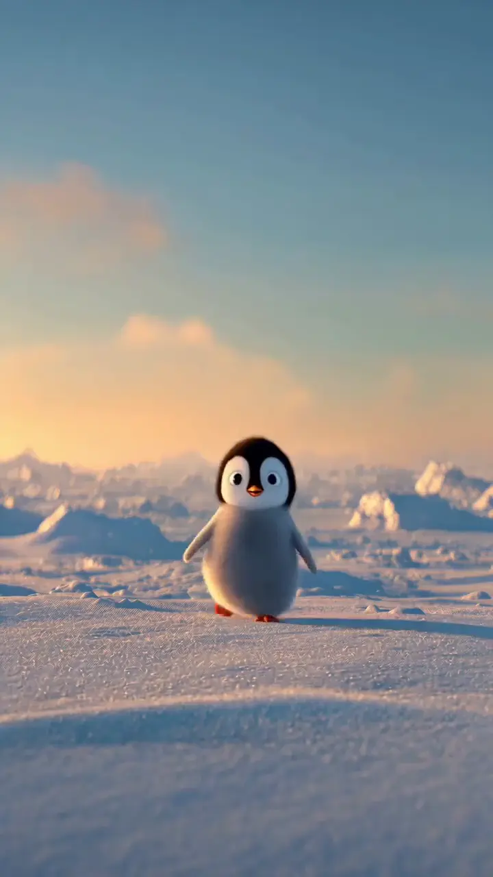 Cute Penguin in Snowy Sunset Live Wallpaper 4K