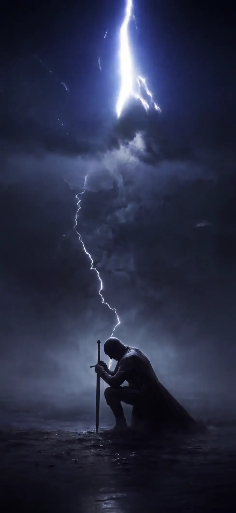 Epic Fantasy Knight Kneeling in Storm with Lightning Strike