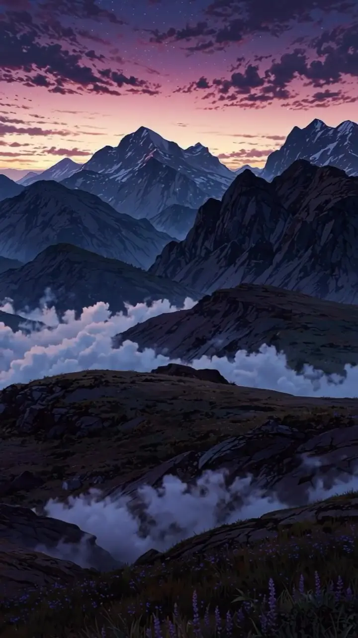 Twilight Mountain Landscape with Rolling Clouds Wallpaper