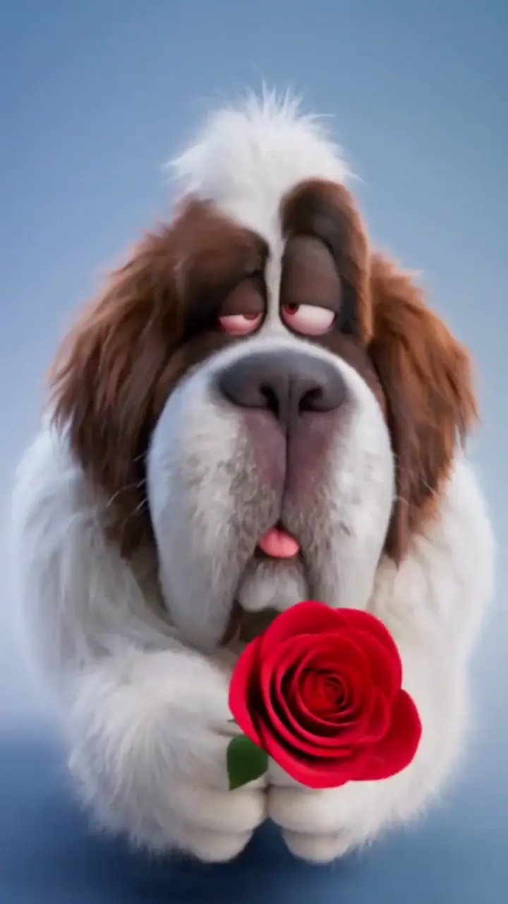 Cute Animated St Bernard Dog with Rose Wallpaper
