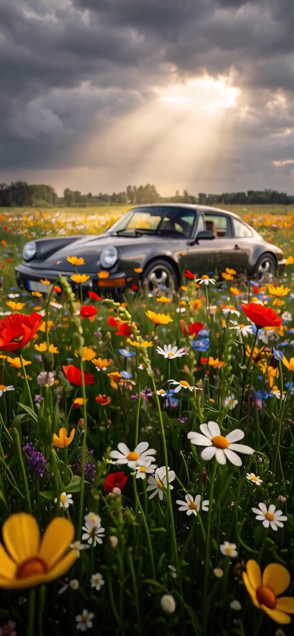 Classic Car in Wildflower Field