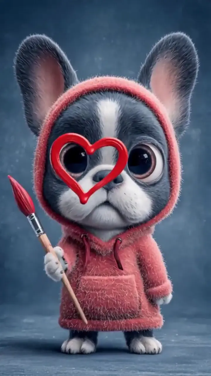Cute Cartoon Puppy in Pink Hoodie with Heart Art