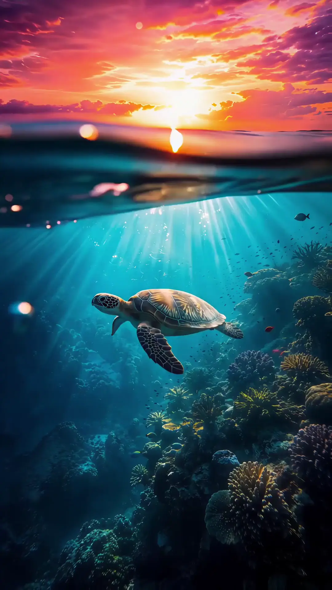 Sea Turtle Swimming Over Coral Reef in 4K Nature Wallpaper