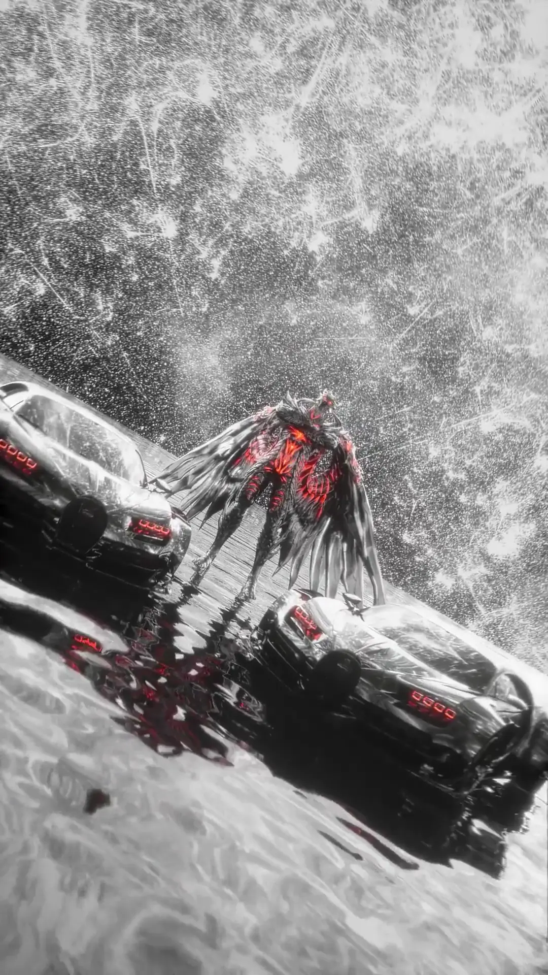 Bugatti Chiron and Winged Creature in Sci-Fi Space