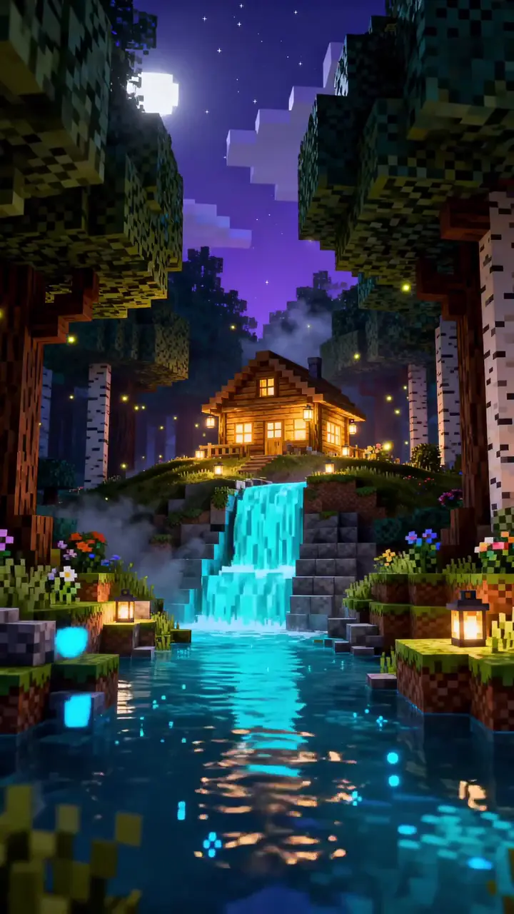 Minecraft Cozy Cottage 4K Live Wallpaper with Waterfall