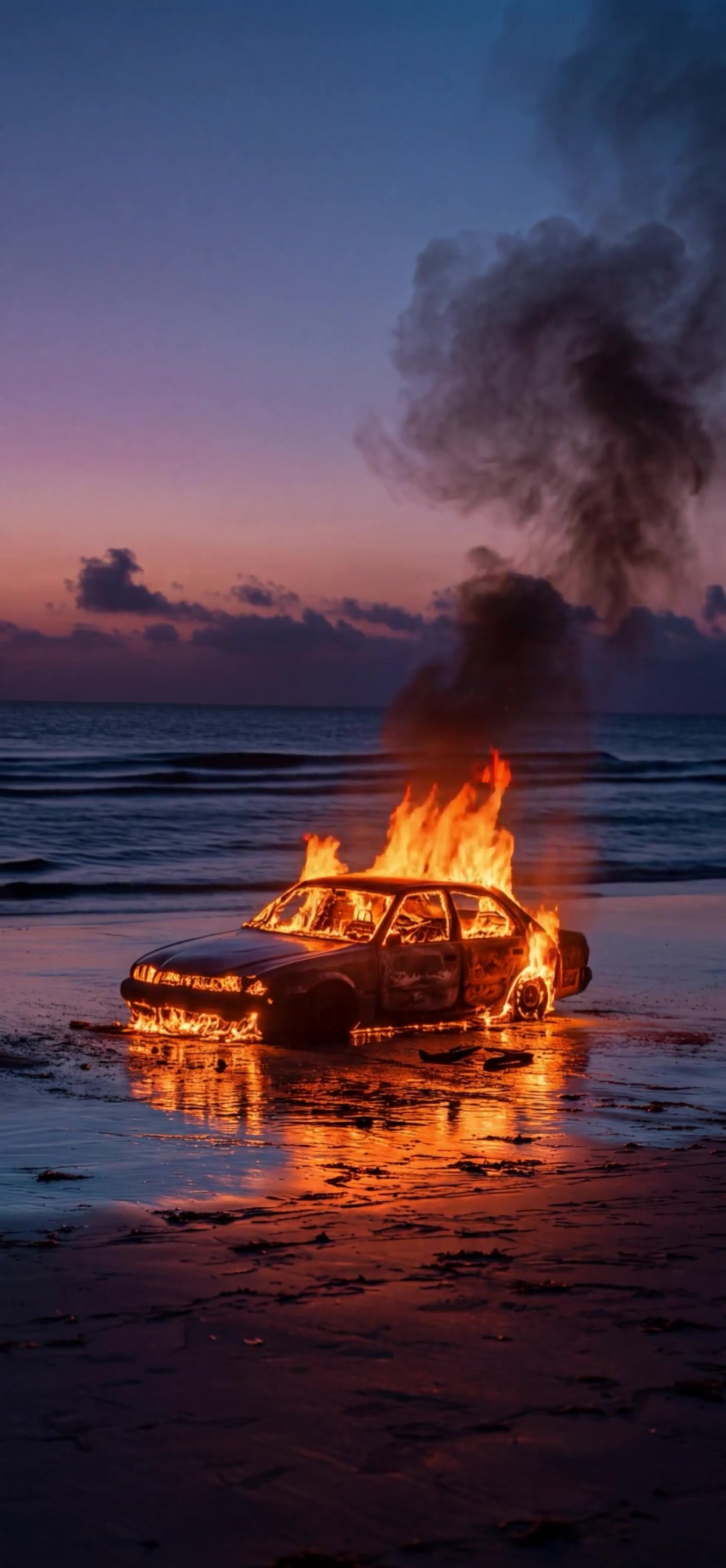 Burning Car on Beach at Sunset