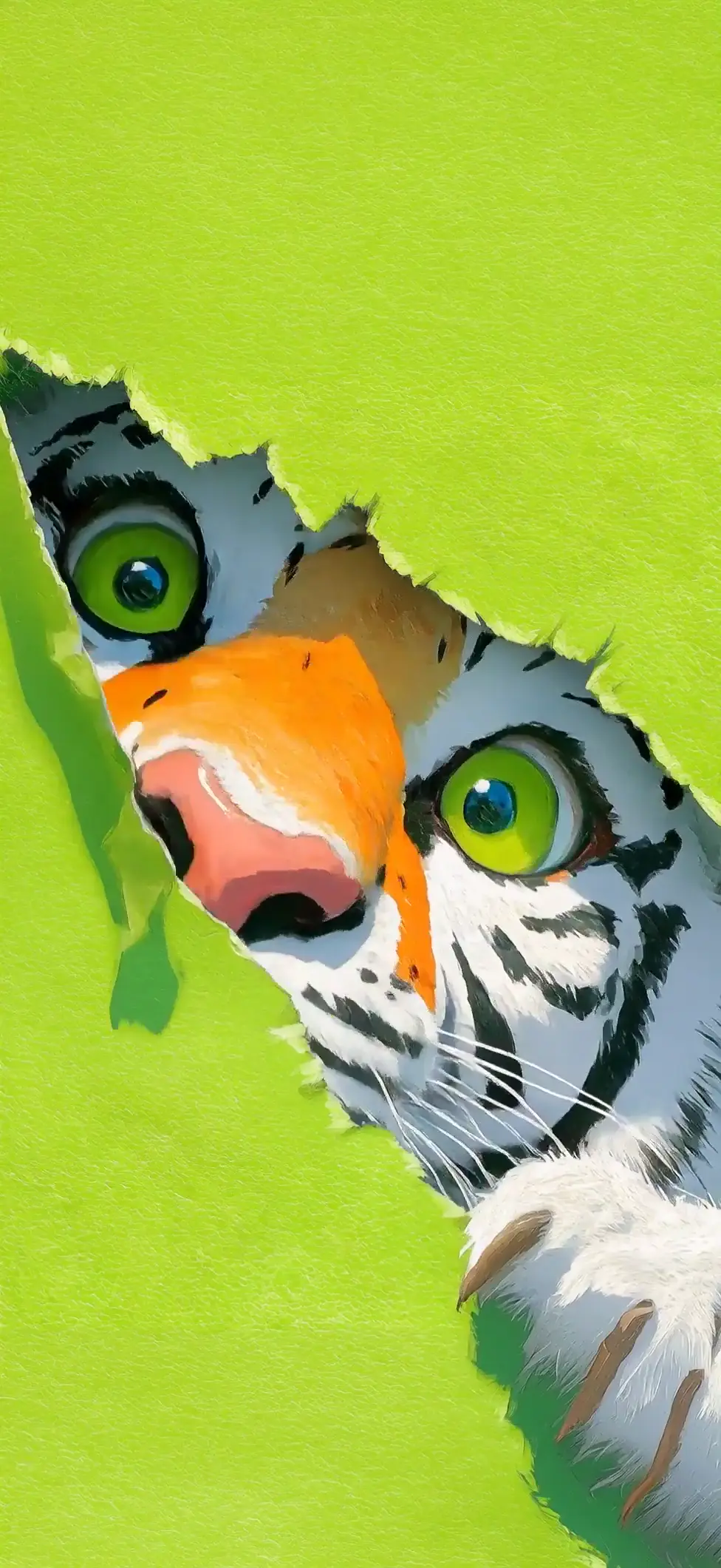 Cute Painted Tiger Peeking Live Wallpaper in Vibrant Green