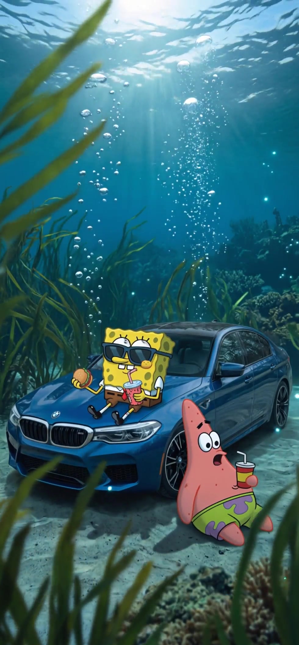Spongebob and Patrick with a Car Underwater