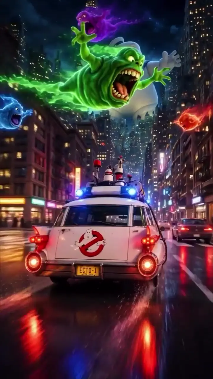 Ghostbusters Ecto-1 City Chase Neon Live Wallpaper