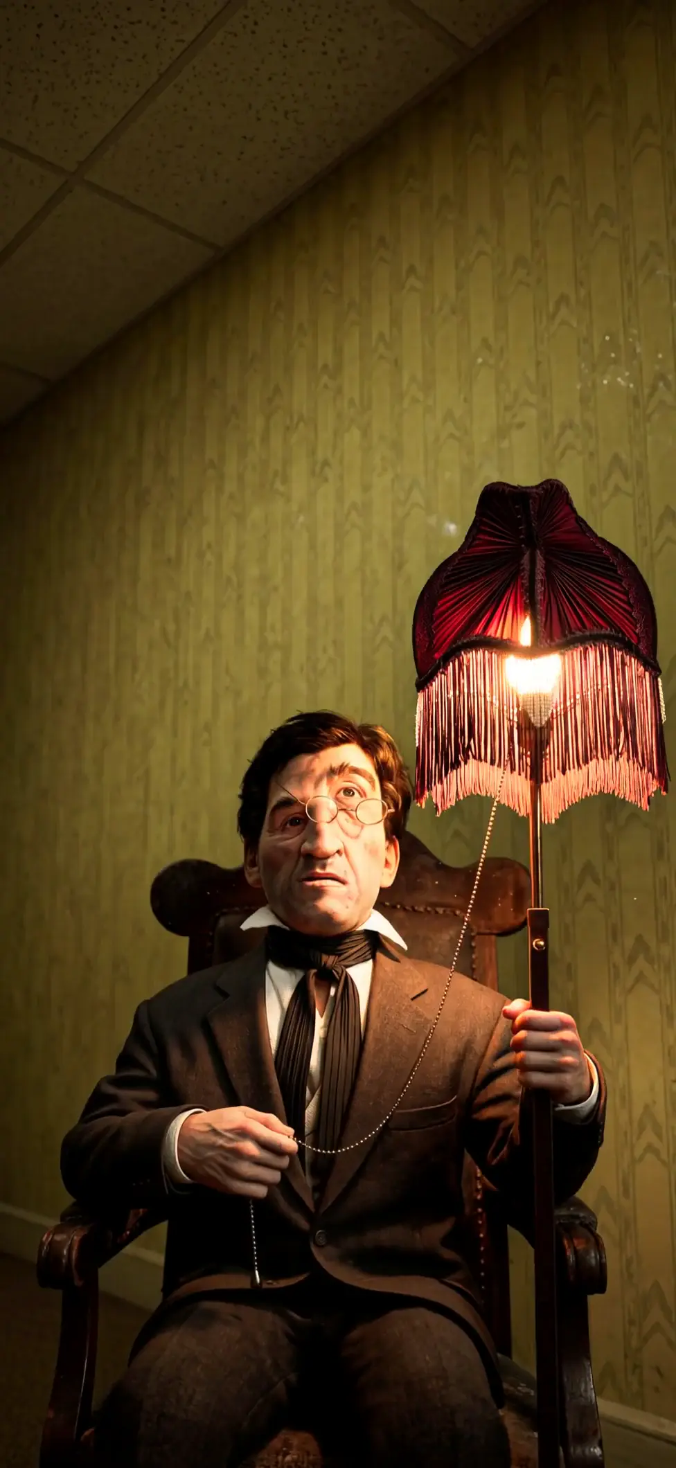 Eerie Vintage Man Puppet with Creepy Lamp Wallpaper