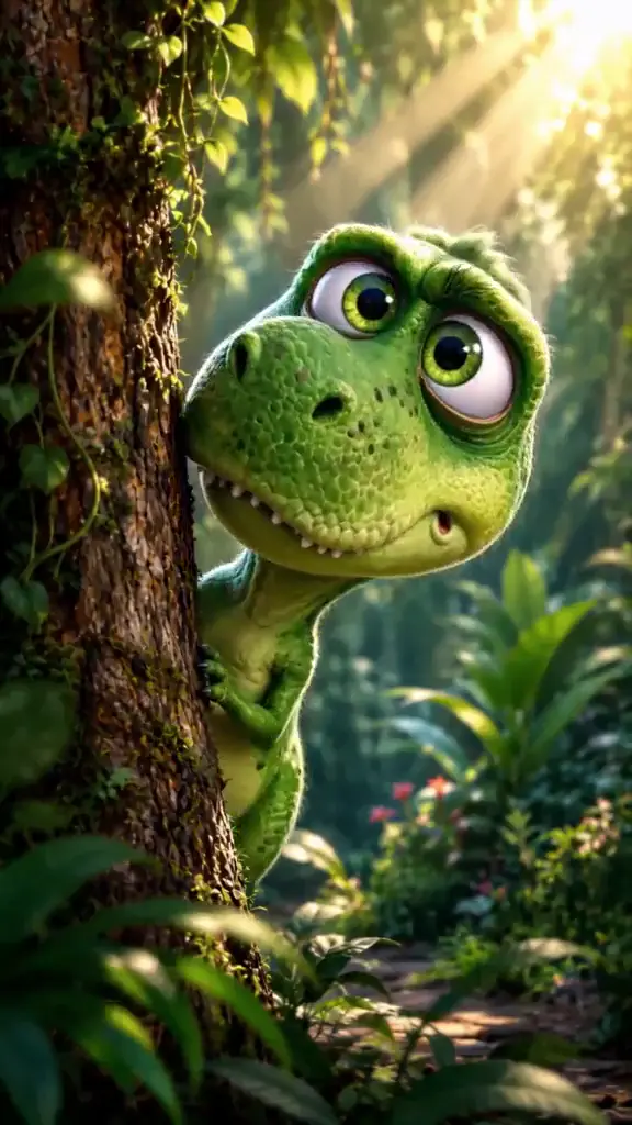 Cute Green Cartoon Dinosaur Live Wallpaper in Jungle