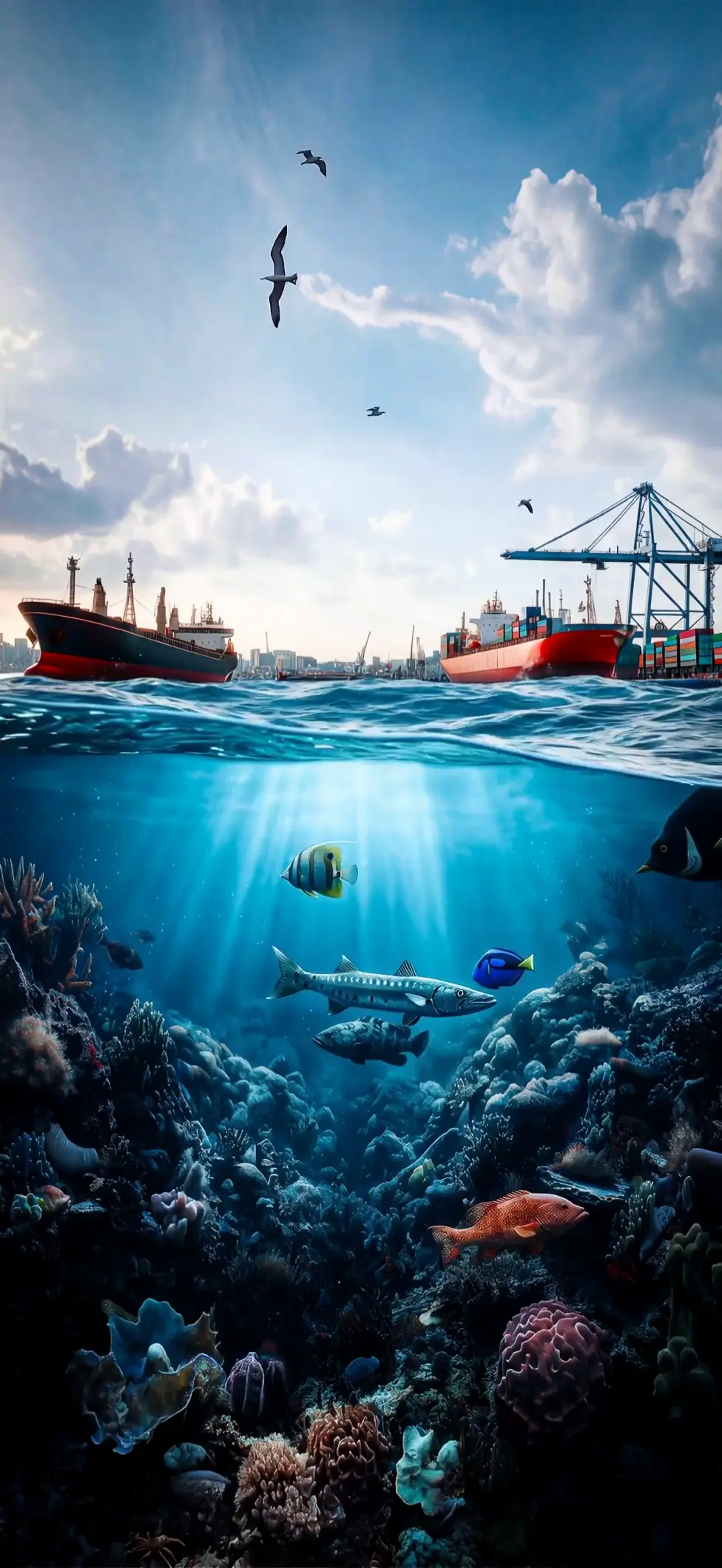 4K Ocean Depths Live Wallpaper with Coral Reef and Ships