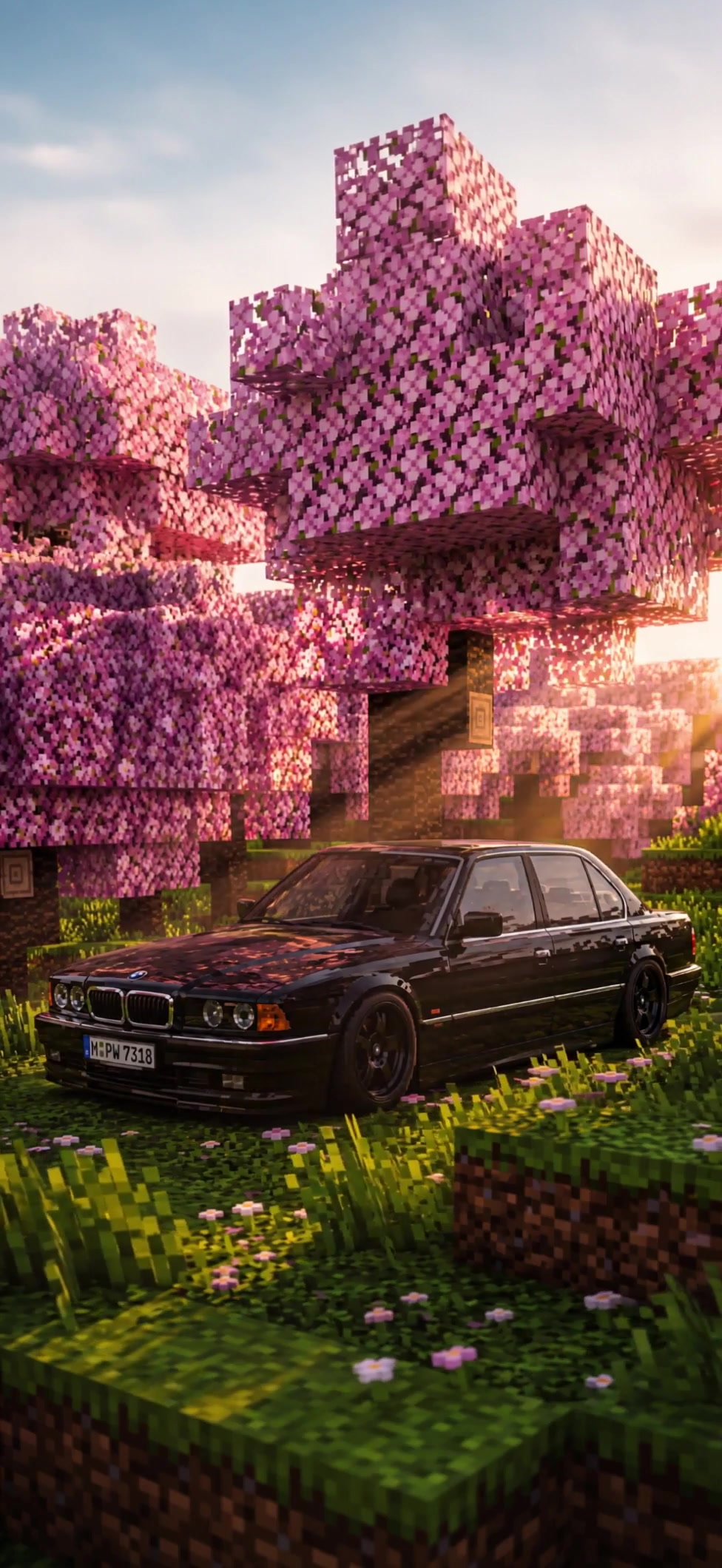 Black BMW Amidst Pixelated Cherry Blossoms