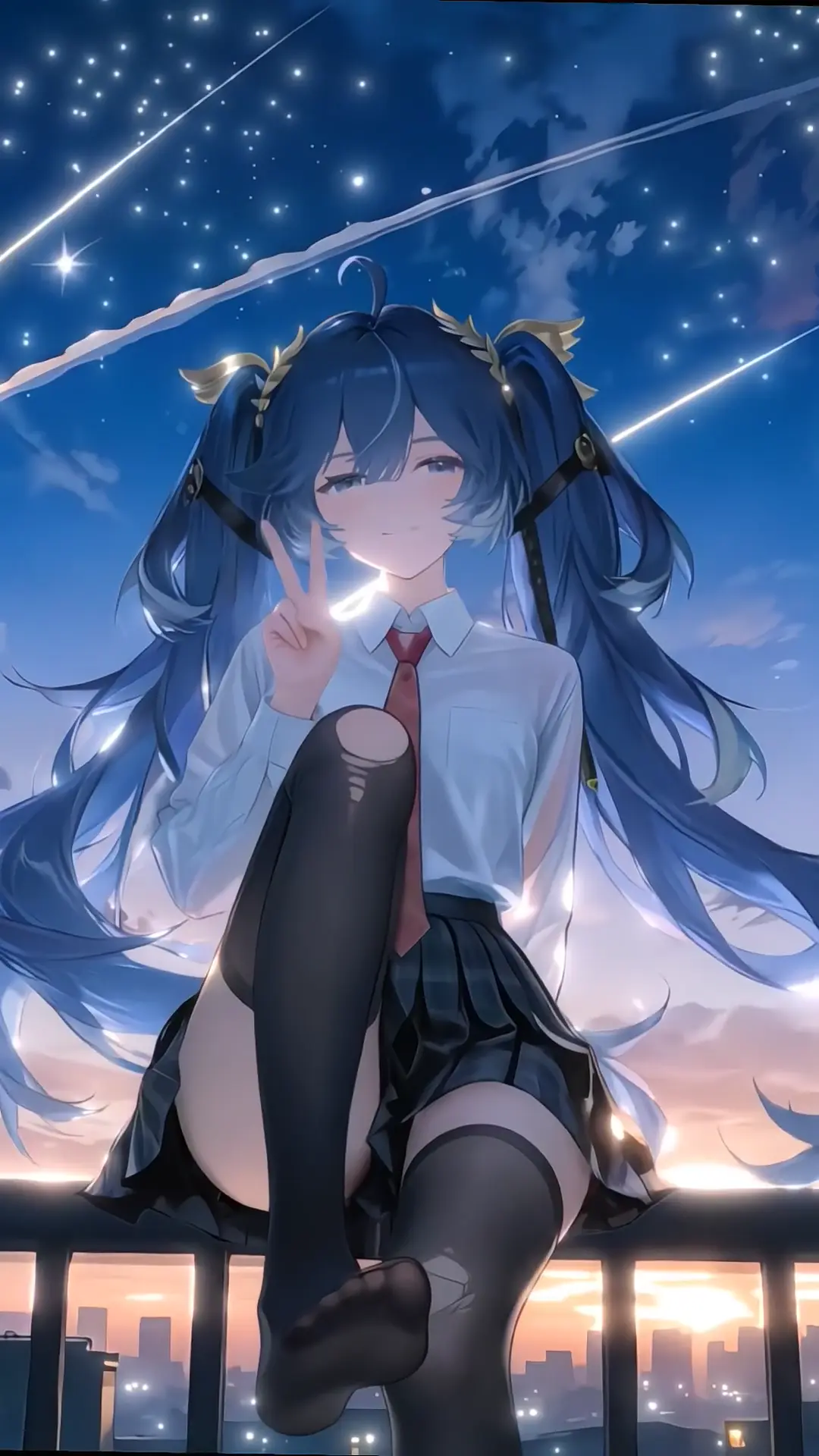 Hatsune Miku Anime Student Under Starry Night Sky Wallpaper