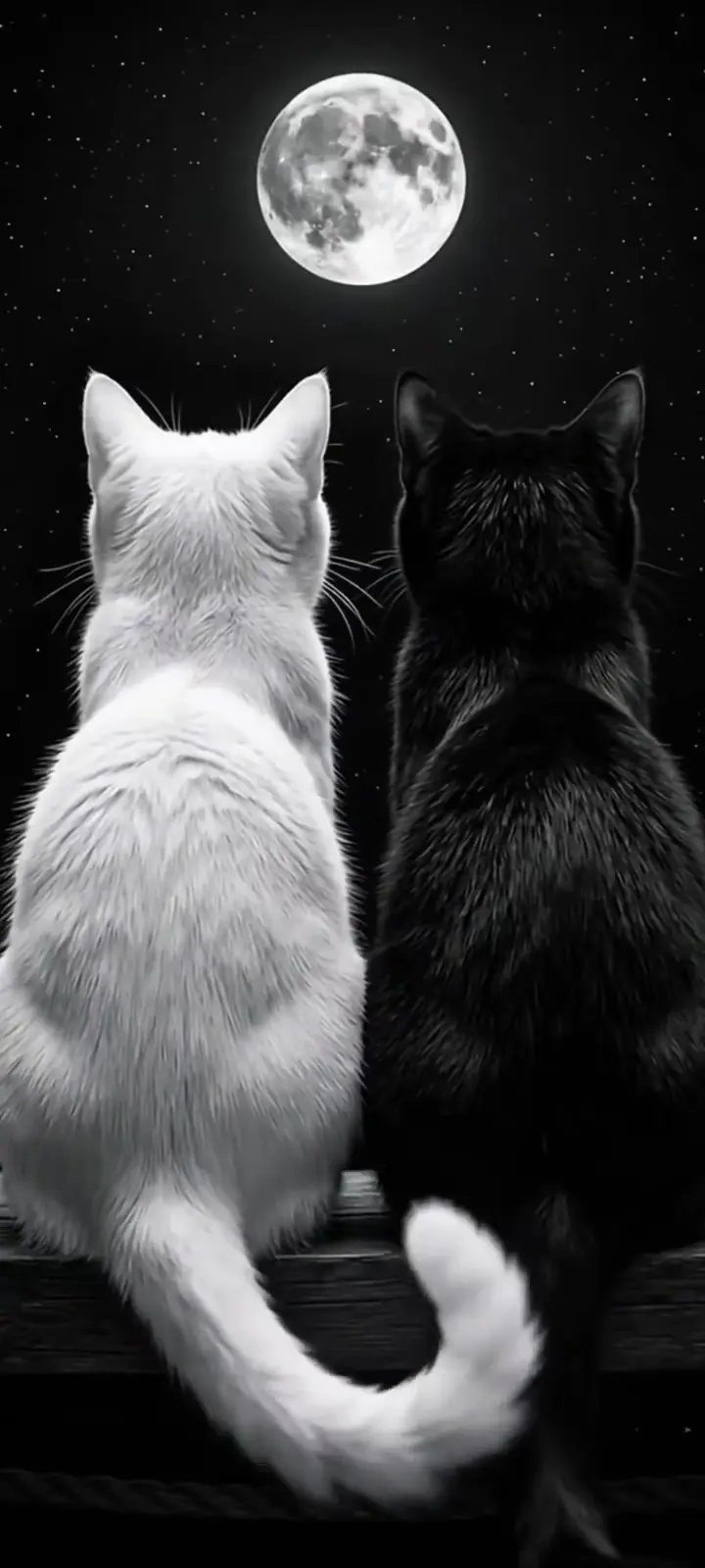 Black and White Cats Gazing at the Moon Artwork