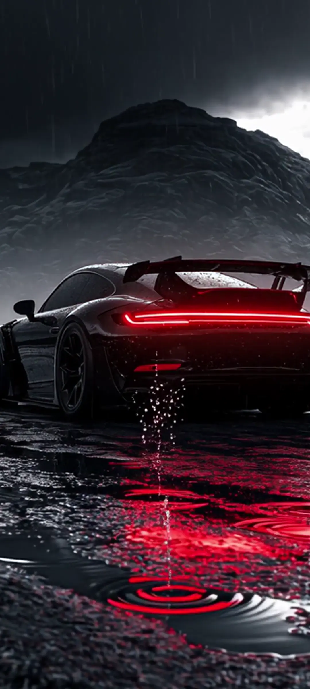 Porsche 911 Red Taillights in Rain 4K Live Wallpaper