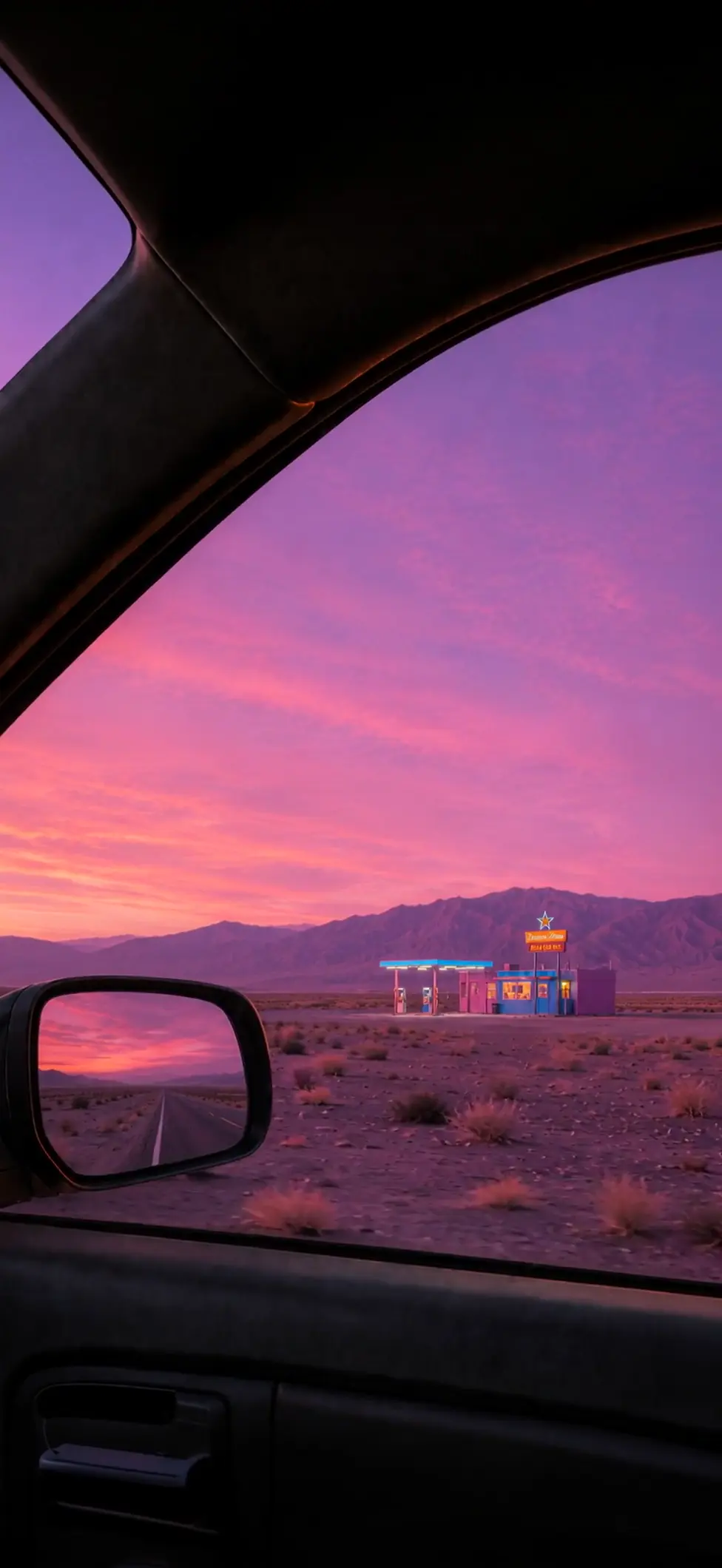 Neon Gas Station at Sunset in Desert 4K Wallpaper