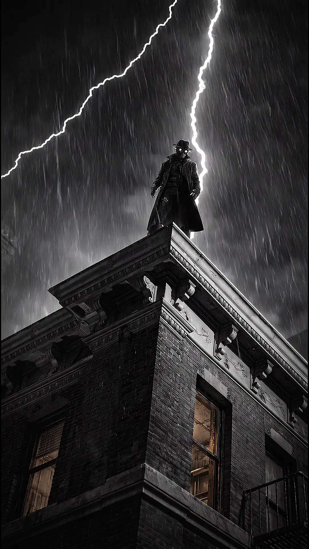 Spider Noir on Rooftop in Rainy Storm 4K Wallpaper
