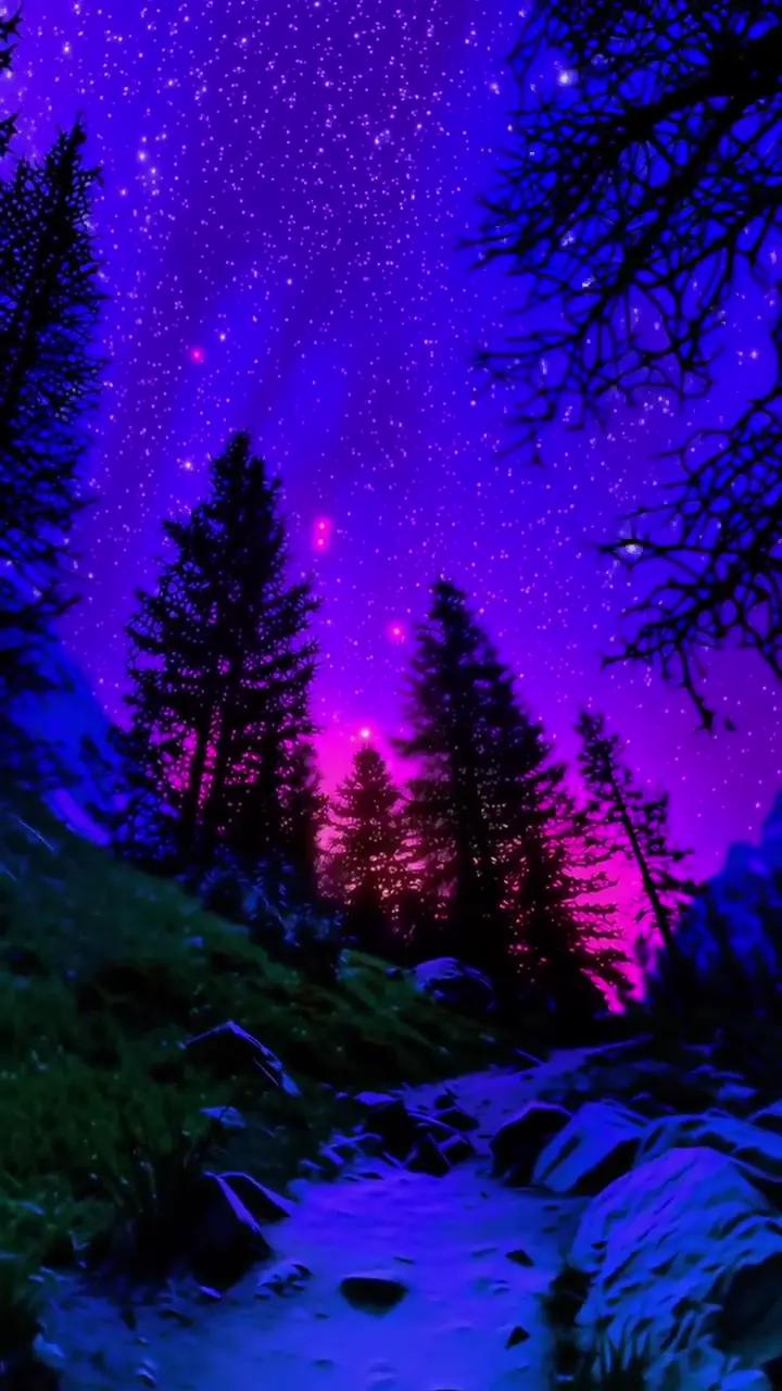Vivid Starry Night Nature Wallpaper in Purple Neon