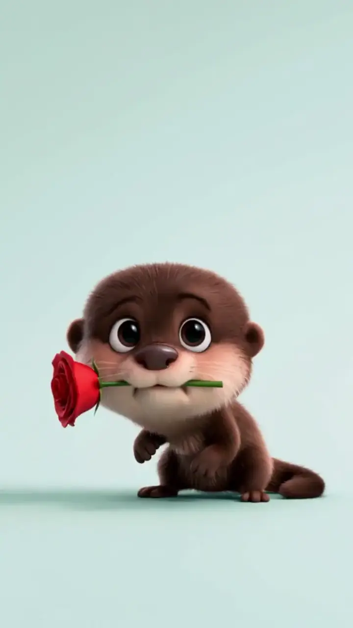 Adorable Animated Otter with Rose Live Wallpaper