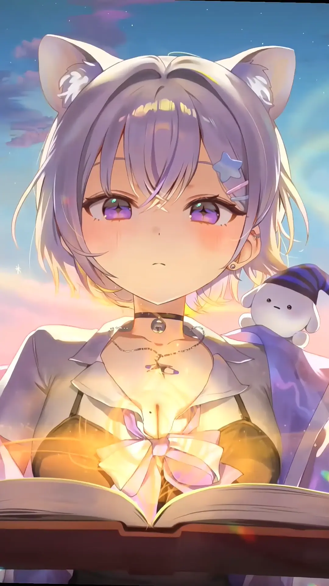 Anime Cat Girl with Glowing Magic Book Live Wallpaper