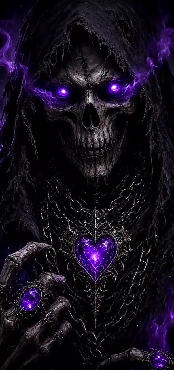 Grim Reaper with Glowing Purple Eyes and Heart