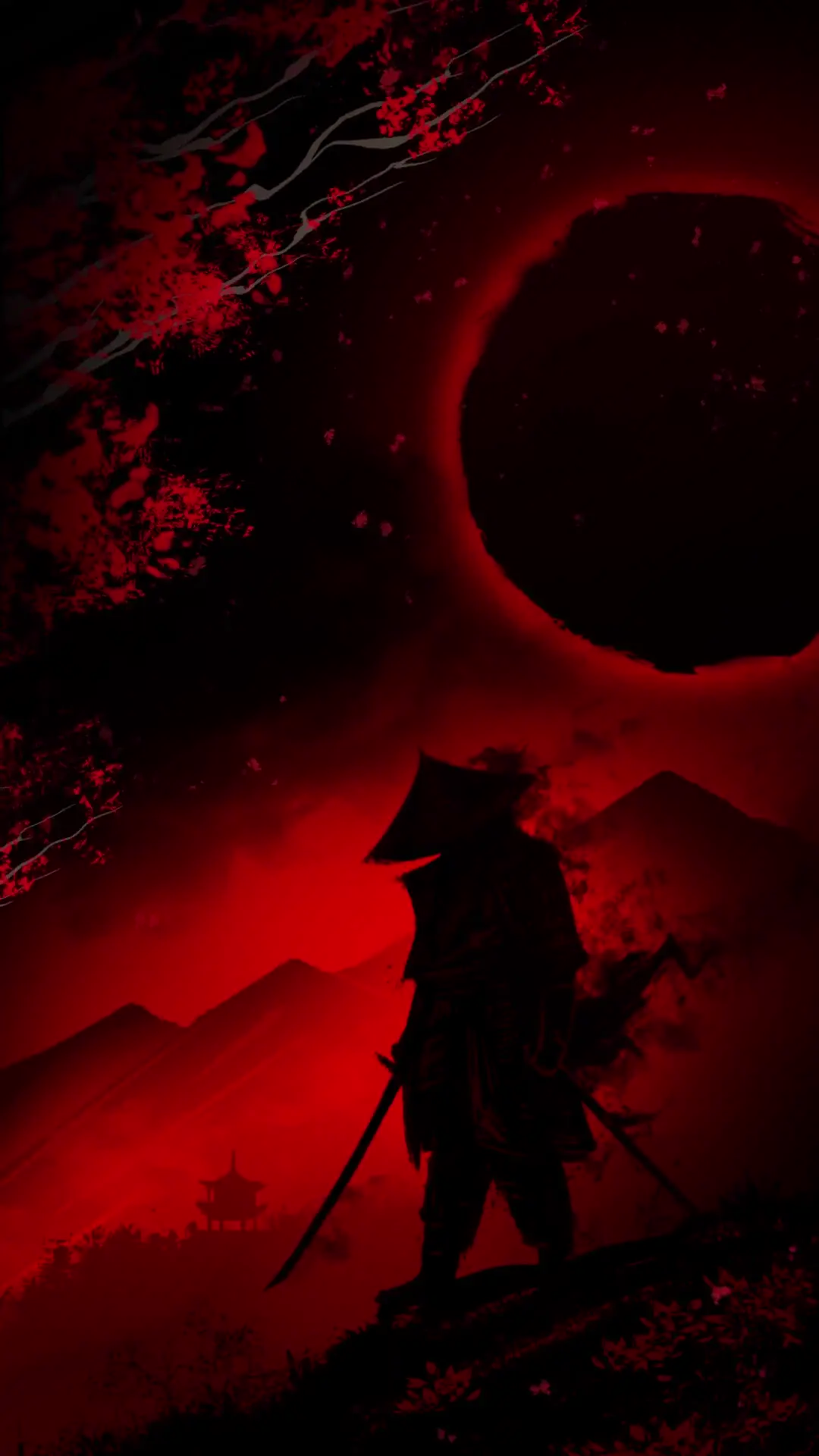 Samurai Under Crimson Moon Japanese Amoled Wallpaper