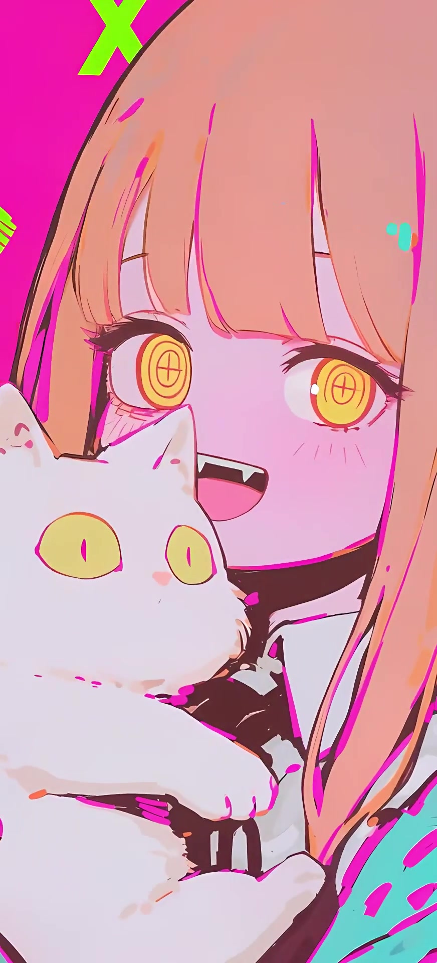Neon Anime Girl with White Cat