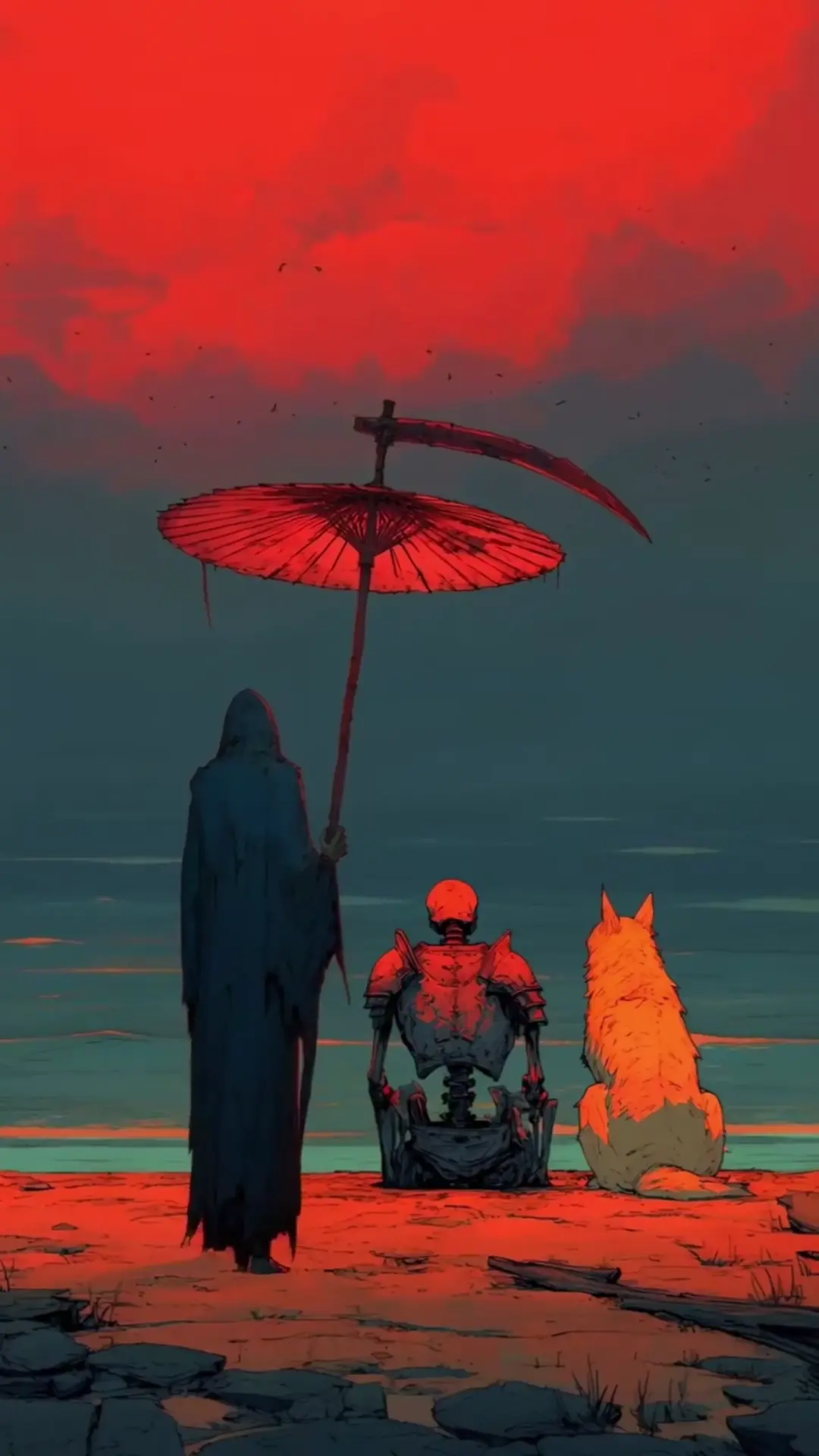 Dark Art Skeleton and Dog Wallpaper with Grim Reaper
