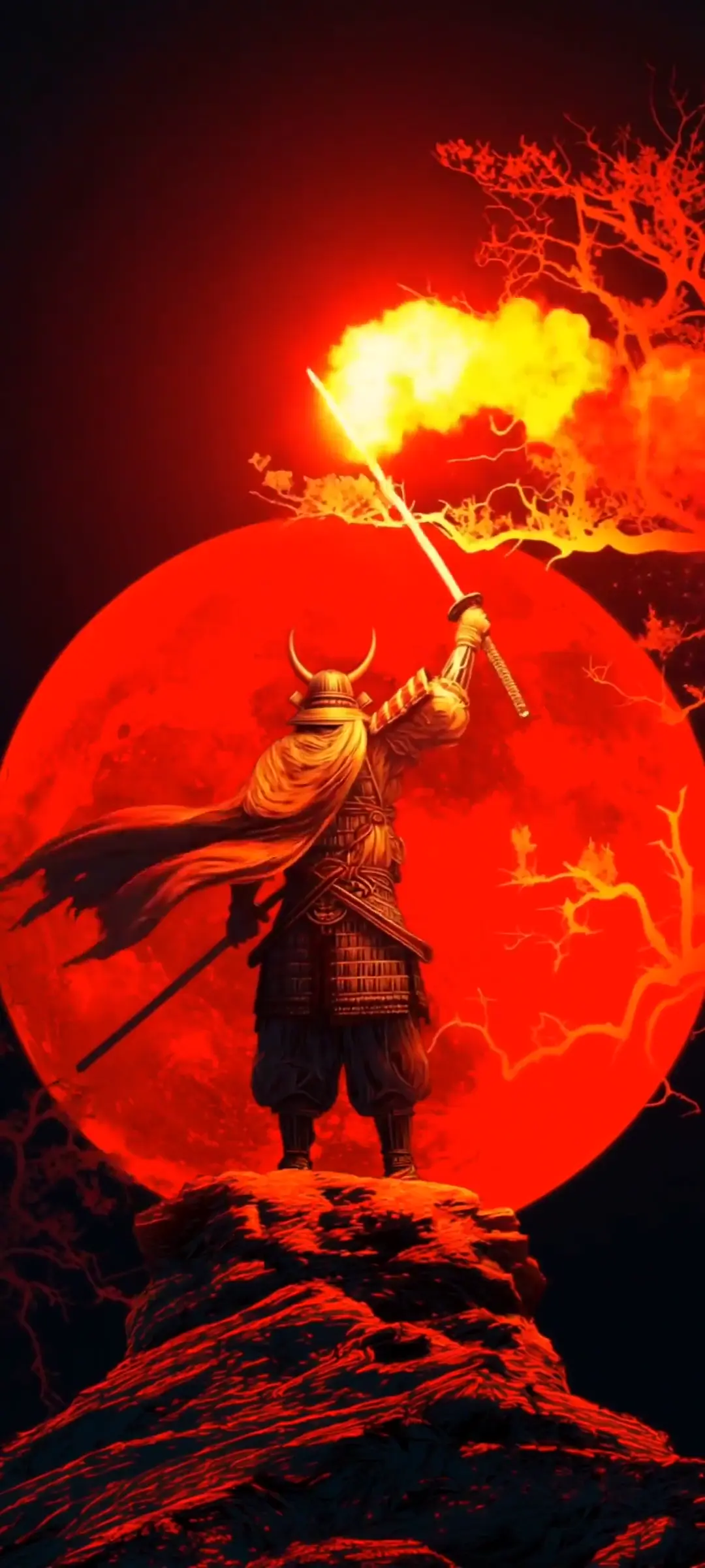 Samurai Warrior with Glowing Katana and Red Moon Wallpaper