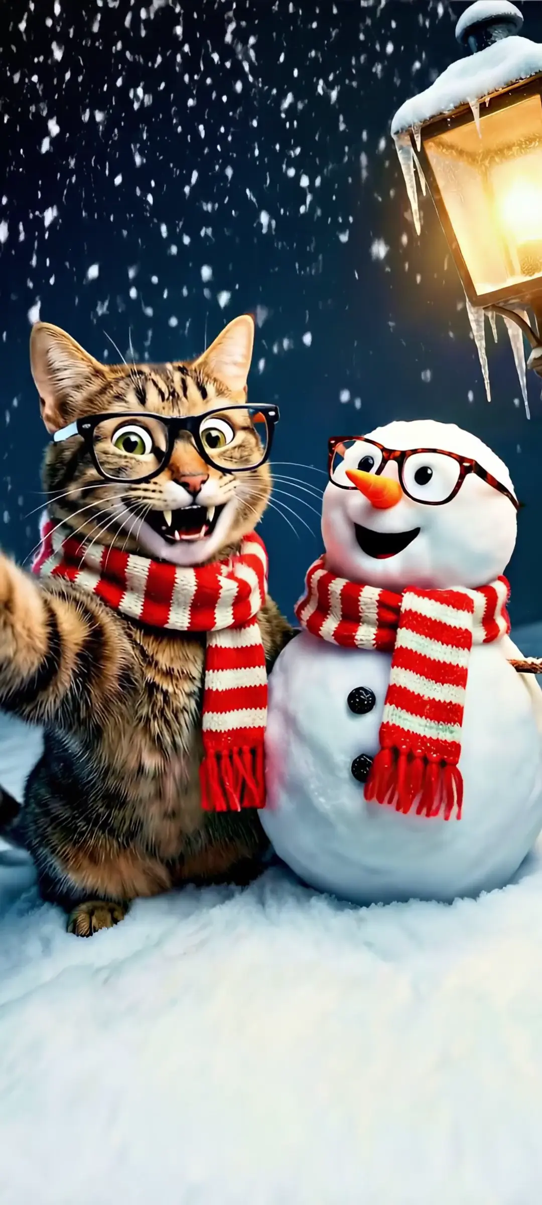Cute Cat and Snowman in Winter 4K Wallpaper