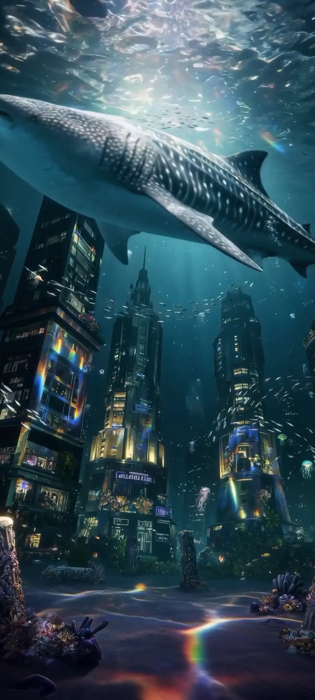 Whale Shark in Futuristic Underwater City 4K Wallpaper