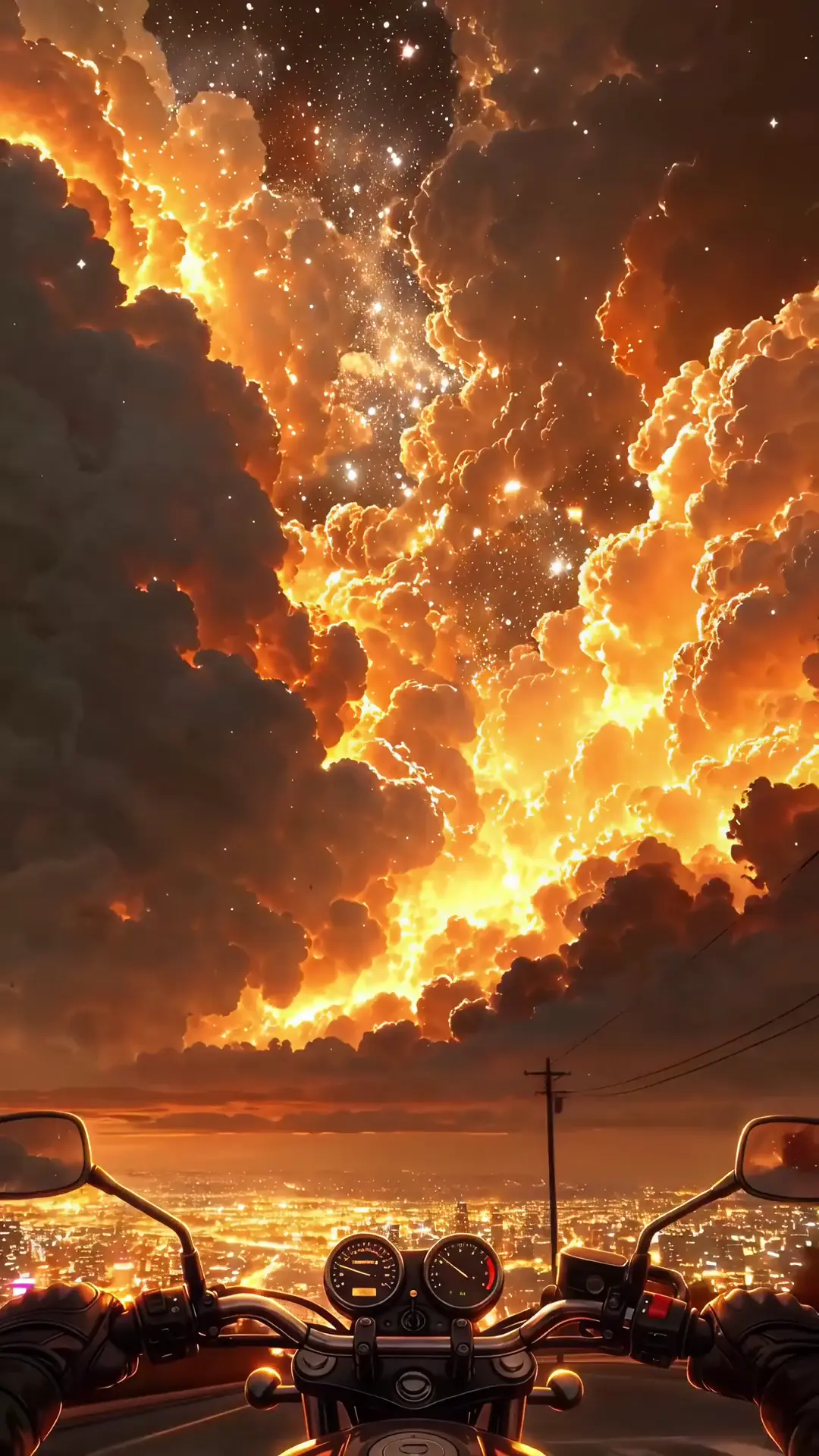 Epic Motorcycle Ride Under Fiery Fantasy Sky Wallpaper