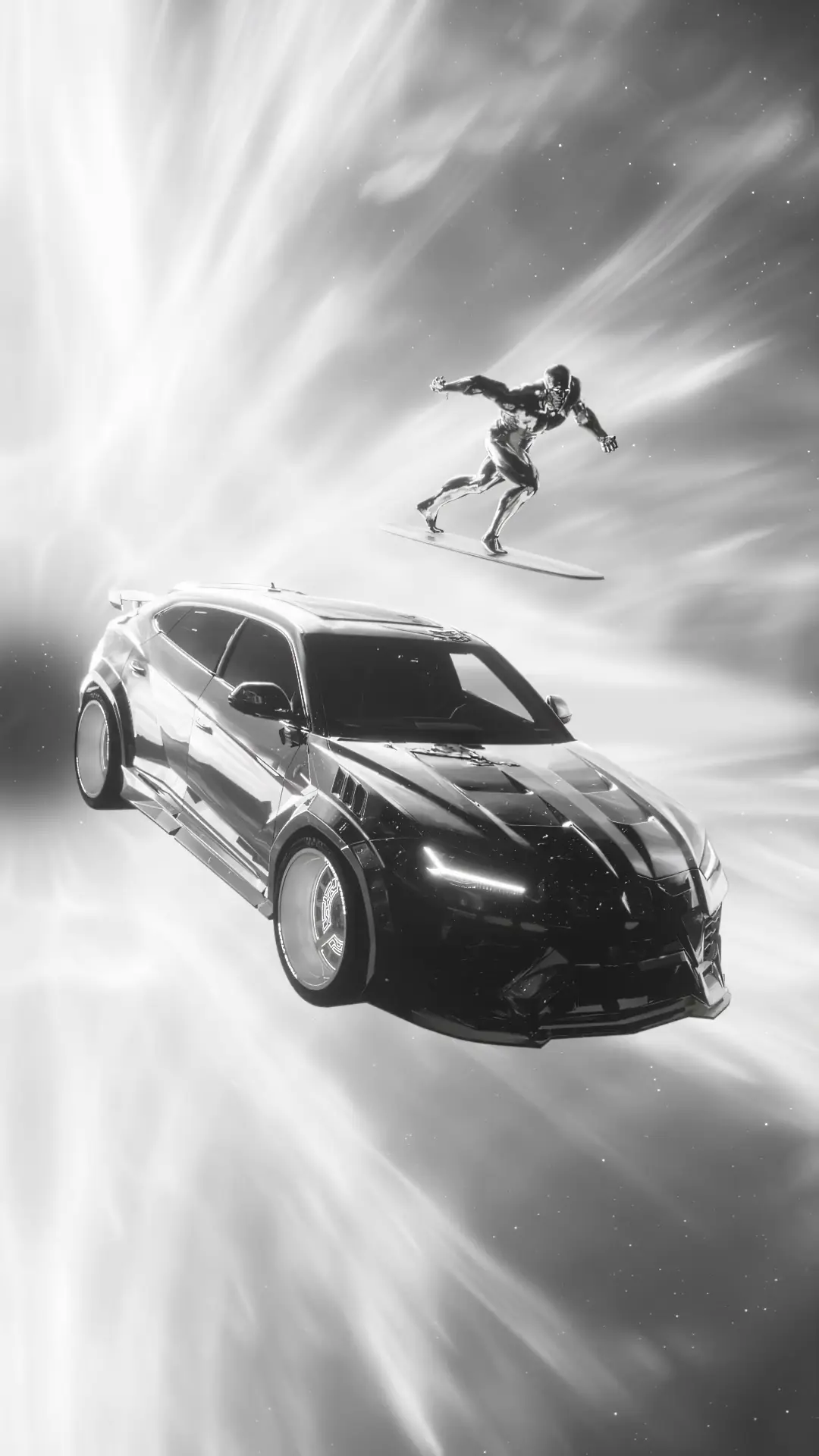 Lamborghini Urus and Silver Surfer in Space 4K Wallpaper