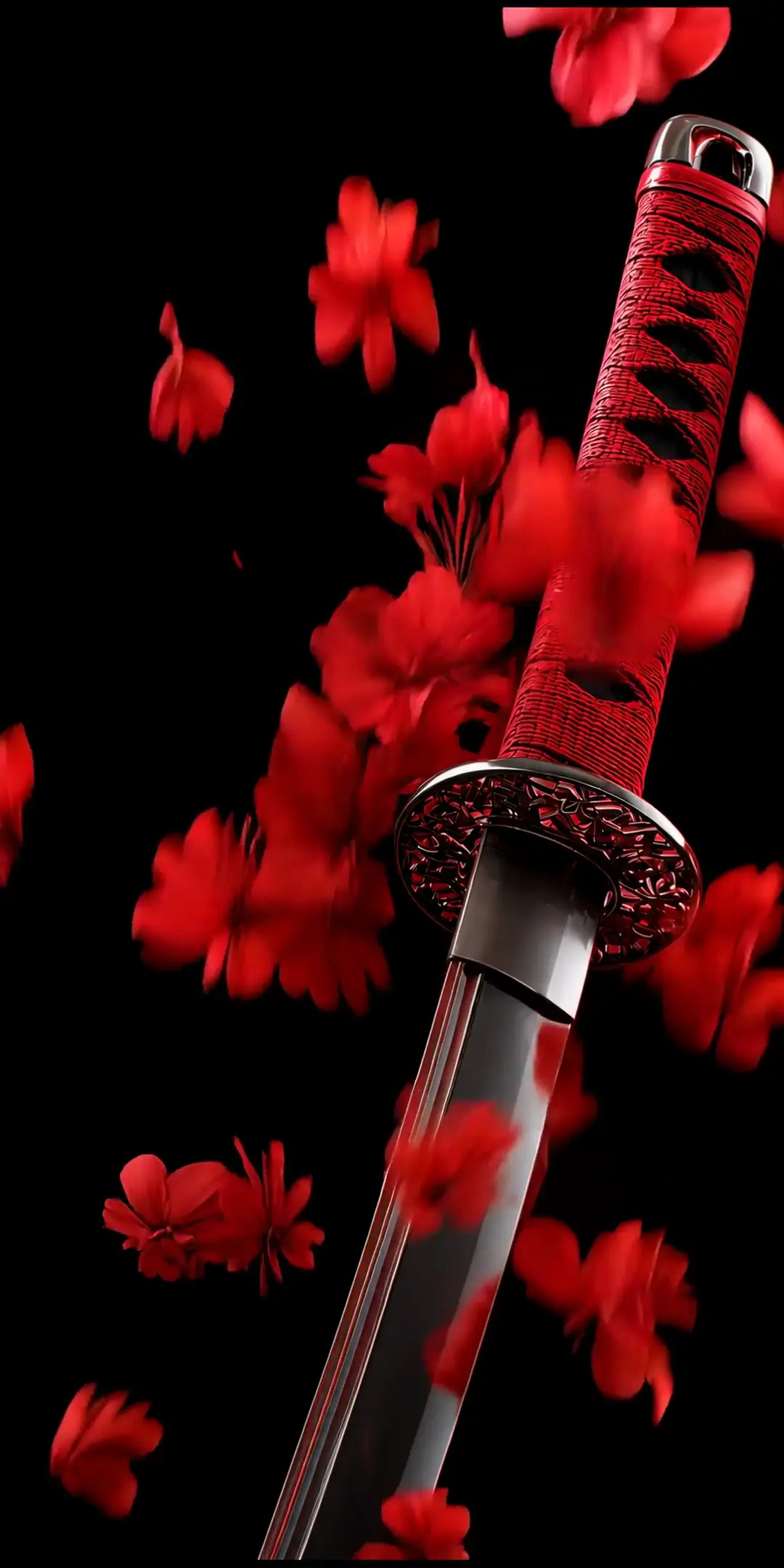 Samurai Katana with Red Petals Animated Wallpaper