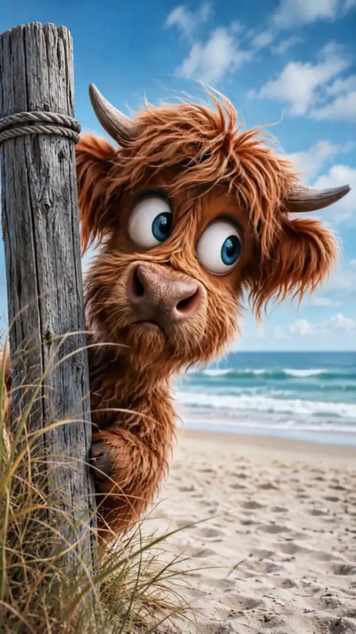 Cute Highland Cow Cartoon Live Wallpaper on Beach
