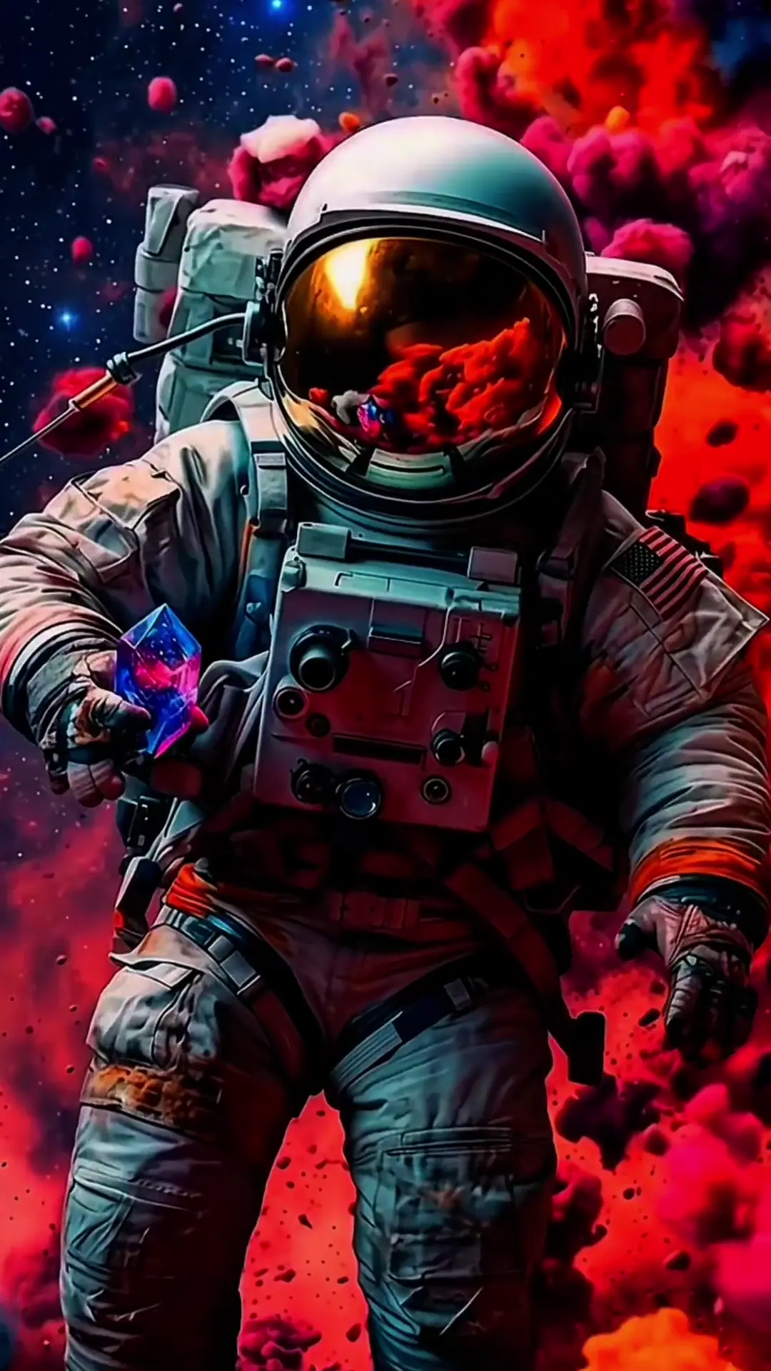 Astronaut Holding Cosmic Crystal in Deep Space Art
