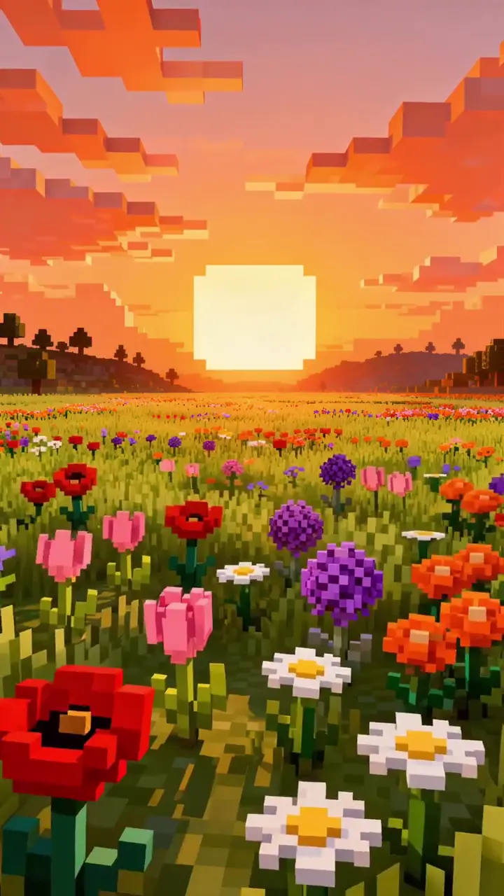 Minecraft Flower Field Sunset 4K Live Wallpaper