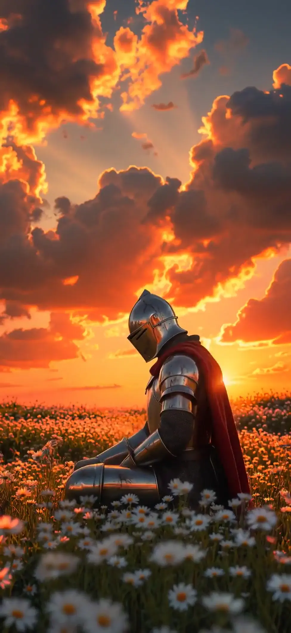 Medieval Knight Kneeling at Sunset Fantasy Wallpaper