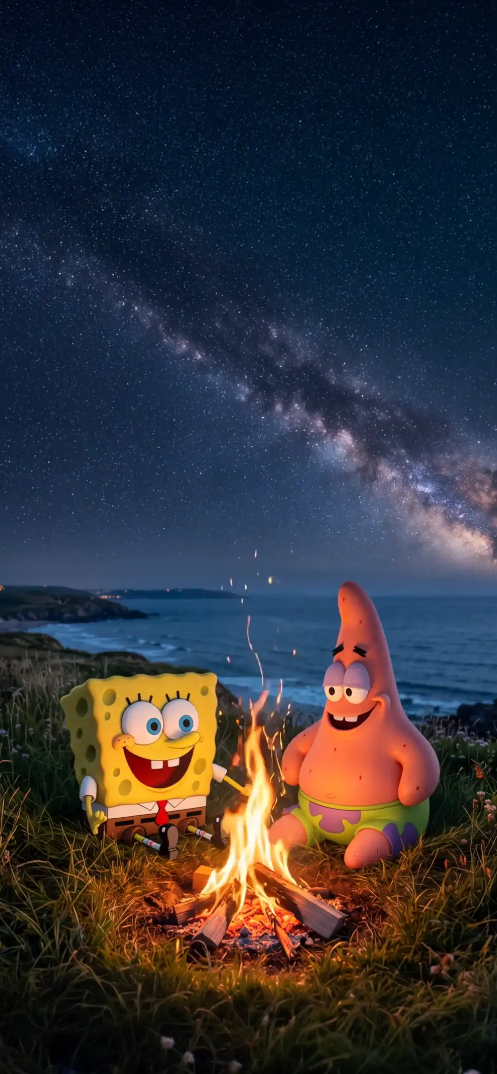 Spongebob and Patrick Camping Under the Milky Way Wallpaper