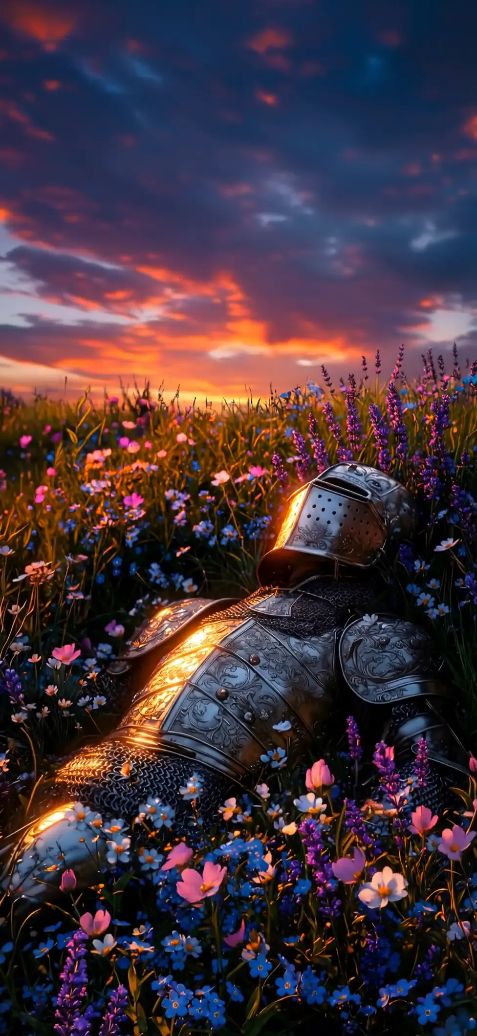 Medieval Knight Armor in Sunset Flower Field Wallpaper