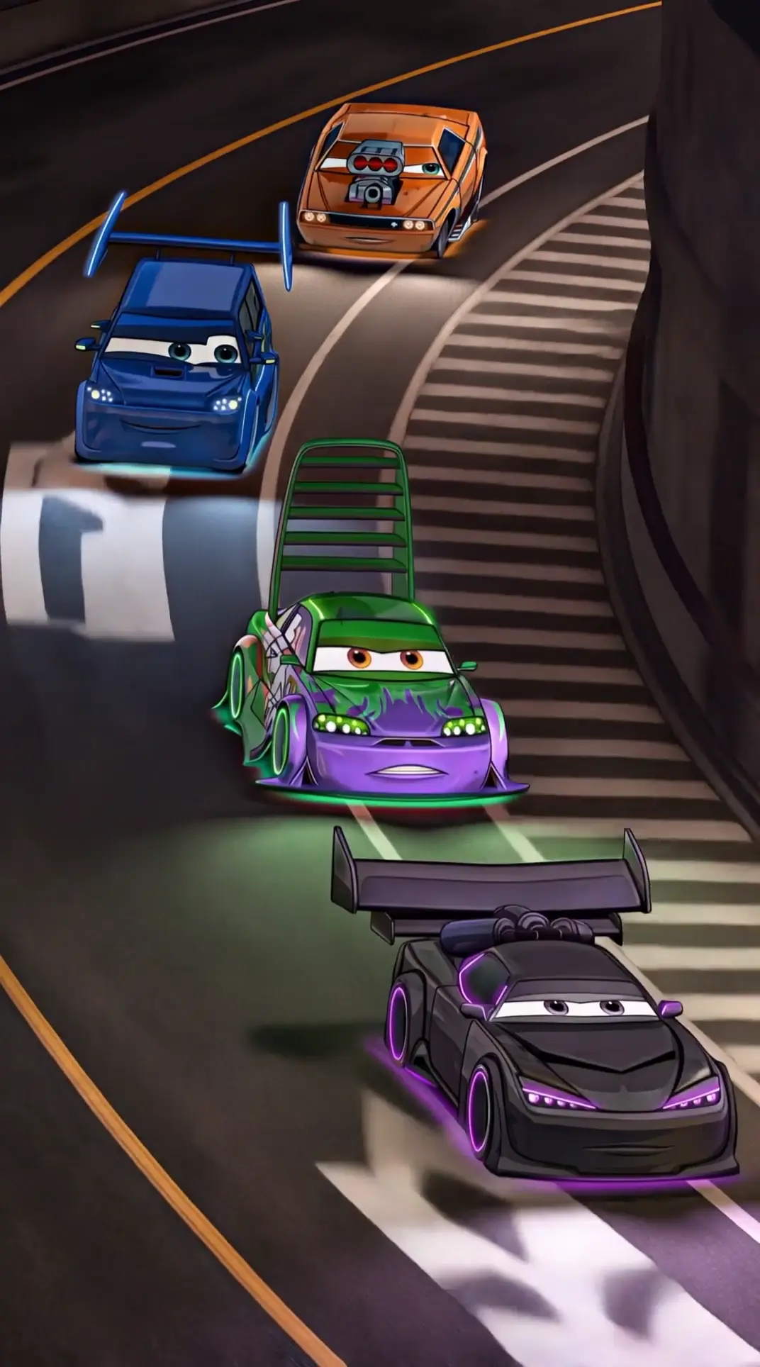 Neon Tuner Cars Racing Scene from Pixar Cars Movie