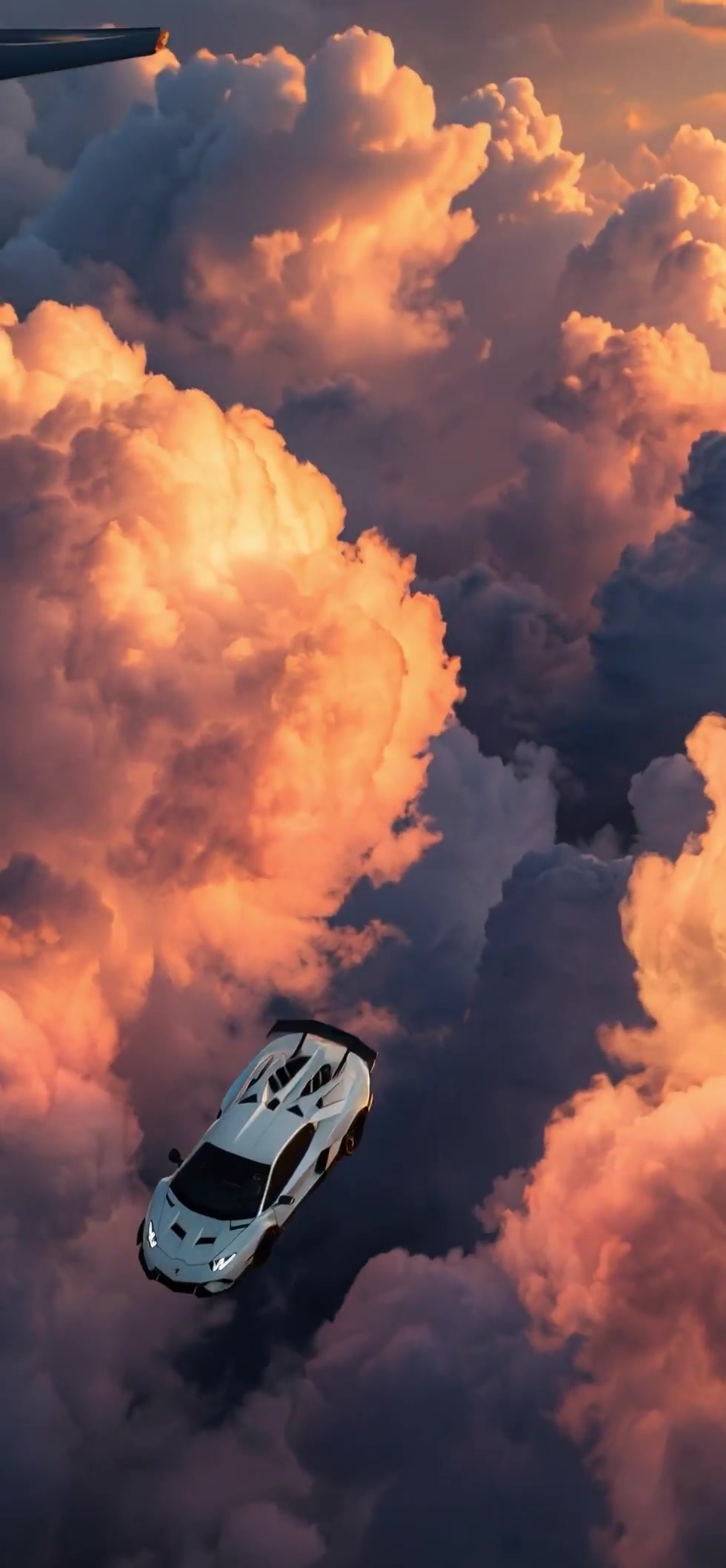 Supercar Soaring Above Golden Sunset Clouds