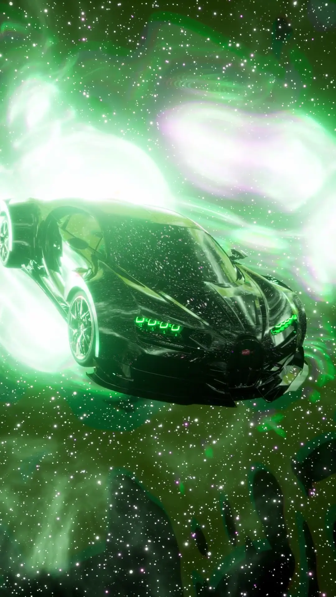 Green Bugatti Chiron Supercar in Glowing Space Wallpaper