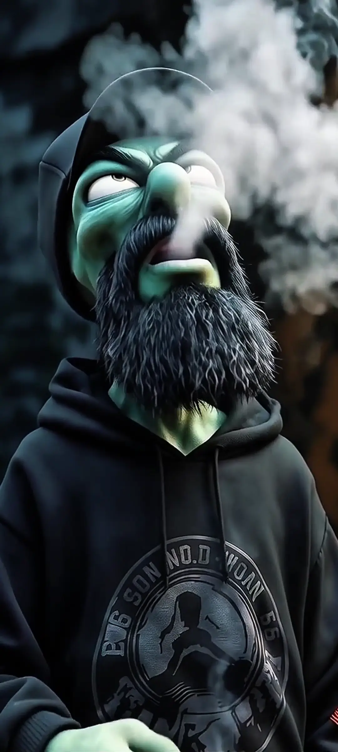 Grumpy Animated Alien Smoking in Hoodie Wallpaper